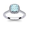 Aquamarine Ring: Aquamarine Jewelry: 1 Carat Cushion Cut Aquamarine and Halo Diamond Ring In 14K White Gold Image-1