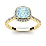 Aquamarine Ring: Aquamarine Jewelry: 1 Carat Cushion Cut Aquamarine and Halo Diamond Ring In 14K Yellow Gold Image-1