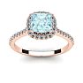 Aquamarine Ring: Aquamarine Jewelry: 1 Carat Cushion Cut Aquamarine and Halo Diamond Ring In 14K Rose Gold Image-1