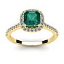 1 1/2 Carat Cushion Cut Created Emerald and Halo Diamond Ring In 14K Yellow Gold Image-1