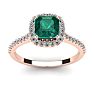 1 1/2 Carat Cushion Cut Created Emerald and Halo Diamond Ring In 14K Rose Gold