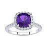 2 Carat Cushion Cut Amethyst and Halo Diamond Ring In 14K White Gold Image-1