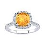2 Carat Cushion Cut Citrine and Halo Diamond Ring In 14K White Gold Image-1