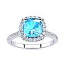 2 Carat Cushion Cut Blue Topaz and Halo Diamond Ring In 14K White Gold Image-1