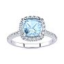 Aquamarine Ring: Aquamarine Jewelry: 2 Carat Cushion Cut Aquamarine and Halo Diamond Ring In 14K White Gold Image-1
