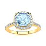 Aquamarine Ring: Aquamarine Jewelry: 2 Carat Cushion Cut Aquamarine and Halo Diamond Ring In 14K Yellow Gold Image-1