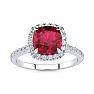 2 Carat Cushion Cut Ruby and Halo Diamond Ring In 14K White Gold Image-1