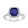 2 Carat Cushion Cut Sapphire and Halo Diamond Ring In 14K White Gold Image-1
