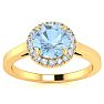 Aquamarine Ring: Aquamarine Jewelry: 1 Carat Round Shape Aquamarine and Halo Diamond Ring In 14 Karat Yellow Gold Image-1