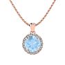 Aquamarine Necklace: Aquamarine Jewelry: 1 Carat Round Shape Aquamarine and Halo Diamond Necklace In 14 Karat Rose Gold
