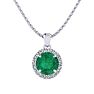 1 Carat Round Shape Emerald Necklaces With Diamond Halo In 14 Karat White Gold, 18 Inch Chain Image-1