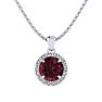 Garnet Necklace: Garnet Jewelry: 1 1/4 Carat Round Shape Garnet and Halo Diamond Necklace In 14 Karat White Gold Image-1