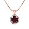 Garnet Necklace: Garnet Jewelry: 1 1/4 Carat Round Shape Garnet and Halo Diamond Necklace In 14 Karat Rose Gold Image-1