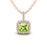 1 1/4 Carat Cushion Cut Peridot and Halo Diamond Necklace In 14 Karat Rose Gold, 18 Inches