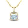 Aquamarine Necklace: Aquamarine Jewelry: 1 Carat Cushion Cut Aquamarine and Halo Diamond Necklace In 14 Karat Yellow Gold, 18 Inches Image-1