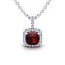Garnet Necklace: Garnet Jewelry: 1 1/4 Carat Cushion Cut Garnet and Halo Diamond Necklace In 14 Karat White Gold, 18 Inches Image-1