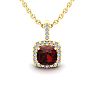 Garnet Necklace: Garnet Jewelry: 1 1/4 Carat Cushion Cut Garnet and Halo Diamond Necklace In 14 Karat Yellow Gold, 18 Inches Image-1