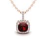 Garnet Necklace: Garnet Jewelry: 1 1/4 Carat Cushion Cut Garnet and Halo Diamond Necklace In 14 Karat Rose Gold, 18 Inches Image-1