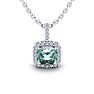 1 Carat Cushion Cut Green Amethyst and Halo Diamond Necklace In 14 Karat White Gold, 18 Inches Image-1