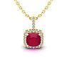 1 1/2 Carat Cushion Cut Ruby and Halo Diamond Necklace In 14 Karat Yellow Gold, 18 Inches Image-1