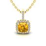 1 3/4 Carat Cushion Cut Citrine and Halo Diamond Necklace In 14 Karat Yellow Gold, 18 Inchess Image-1
