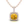 1 3/4 Carat Cushion Cut Citrine and Halo Diamond Necklace In 14 Karat Rose Gold, 18 Inches Image-1