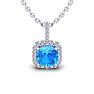 2 Carat Cushion Cut Blue Topaz and Halo Diamond Necklace In 14 Karat White Gold, 18 Inches Image-1