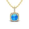 2 Carat Cushion Cut Blue Topaz and Halo Diamond Necklace In 14 Karat Yellow Gold, 18 Inches Image-1