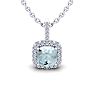 Aquamarine Necklace: Aquamarine Jewelry: 1 3/4 Carat Cushion Cut Aquamarine and Halo Diamond Necklace In 14 Karat White Gold, 18 Inches