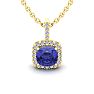 1 3/4 Carat Cushion Cut Tanzanite and Halo Diamond Necklace In 14 Karat Yellow Gold, 18 Inches Image-1