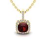 Garnet Necklace: Garnet Jewelry: 1 3/4 Carat Cushion Cut Garnet and Halo Diamond Necklace In 14 Karat Yellow Gold, 18 Inches Image-1