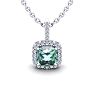 1 1/2 Carat Cushion Cut Green Amethyst and Halo Diamond Necklace In 14 Karat White Gold, 18 Inches Image-1