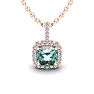1 1/2 Carat Cushion Cut Green Amethyst and Halo Diamond Necklace In 14 Karat Rose Gold, 18 Inches Image-1