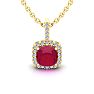 2 Carat Cushion Cut Ruby and Halo Diamond Necklace In 14 Karat Yellow Gold, 18 Inches Image-1