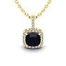 2 Carat Cushion Cut Sapphire and Halo Diamond Necklace In 14 Karat Yellow Gold, 18 Inches Image-1