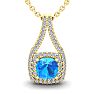 1 1/2 Carat Cushion Cut Blue Topaz and Double Halo Diamond Necklace In 14 Karat Yellow Gold, 18 Inches Image-1