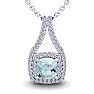 Aquamarine Necklace: Aquamarine Jewelry: 1 Carat Cushion Cut Aquamarine and Double Halo Diamond Necklace In 14 Karat White Gold, 18 Inches Image-1