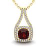 Garnet Necklace: Garnet Jewelry: 1 1/2 Carat Cushion Cut Garnet and Double Halo Diamond Necklace In 14 Karat Yellow Gold, 18 Inches Image-1