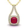 1 2/3 Carat Cushion Cut Ruby and Double Halo Diamond Necklace In 14 Karat Yellow Gold, 18 Inches Image-1