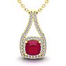 1 2/3 Carat Cushion Cut Ruby and Double Halo Diamond Necklace In 14 Karat Yellow Gold, 18 Inches Image-1