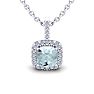 Aquamarine Necklace: Aquamarine Jewelry: 2 1/2 Carat Cushion Cut Aquamarine and Halo Diamond Necklace In 14 Karat White Gold, 18 Inches Image-1