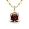 Garnet Necklace: Garnet Jewelry: 3 1/2 Carat Cushion Cut Garnet and Halo Diamond Necklace In 14 Karat Yellow Gold, 18 Inches Image-1