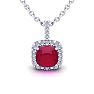 3 1/2 Carat Cushion Cut Ruby and Halo Diamond Necklace In 14 Karat White Gold, 18 Inches Image-1