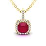 3 1/2 Carat Cushion Cut Ruby and Halo Diamond Necklace In 14 Karat Yellow Gold, 18 Inches Image-1