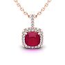 3 1/2 Carat Cushion Cut Ruby and Halo Diamond Necklace In 14 Karat Rose Gold, 18 Inches Image-1