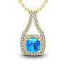2 1/3 Carat Cushion Cut Blue Topaz and Double Halo Diamond Necklace In 14 Karat Yellow Gold, 18 Inches Image-1
