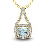 Aquamarine Necklace: Aquamarine Jewelry: 2 1/4 Carat Cushion Cut Aquamarine and Double Halo Diamond Necklace In 14 Karat Yellow Gold, 18 Inches Image-1