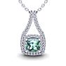 2 Carat Cushion Cut Green Amethyst and Double Halo Diamond Necklace In 14 Karat White Gold, 18 Inches