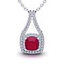 2 1/3 Carat Cushion Cut Ruby and Double Halo Diamond Necklace In 14 Karat White Gold, 18 Inches Image-1