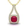2 1/3 Carat Cushion Cut Ruby and Double Halo Diamond Necklace In 14 Karat Yellow Gold, 18 Inches Image-1